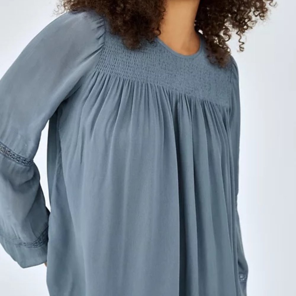 Aritzia Smocked Yoke Long Sleeve Blouse in Slate Blue